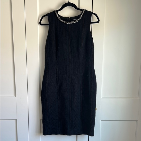 Karl Lagerfeld Dress Black Tweed Sheath Pearl Chain Neck Dress | 6 - Picture 3 of 5
